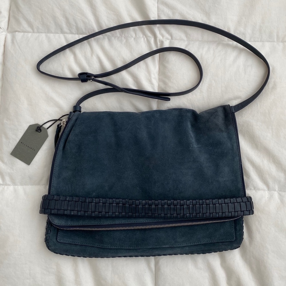 All saints blue suede crossbody bag